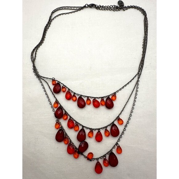 Vintage Boho Red Orange Tiered Bead Necklace Multi Layers Timeless Fash - Picture 2 of 5